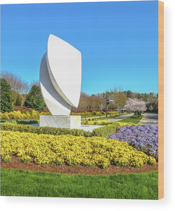 Christopher Newport University Wood Print featuring the photograph Elements Sculpture at Christopher Newport University in Springtime by Ola Allen