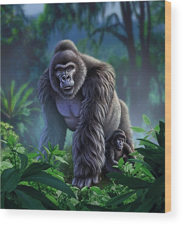 Gorilla Wood Print featuring the painting Guardian by Jerry LoFaro