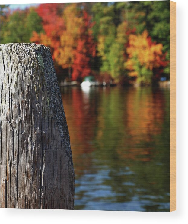 Foliage Wood Print featuring the photograph Lake Winnepesaukee dock with Foliage in the Distance by Mary Capriole