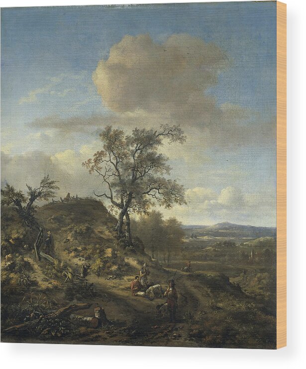 Jan Wijnants Wood Print featuring the painting Landscape with a Hunter and other Figures by Jan Wijnants