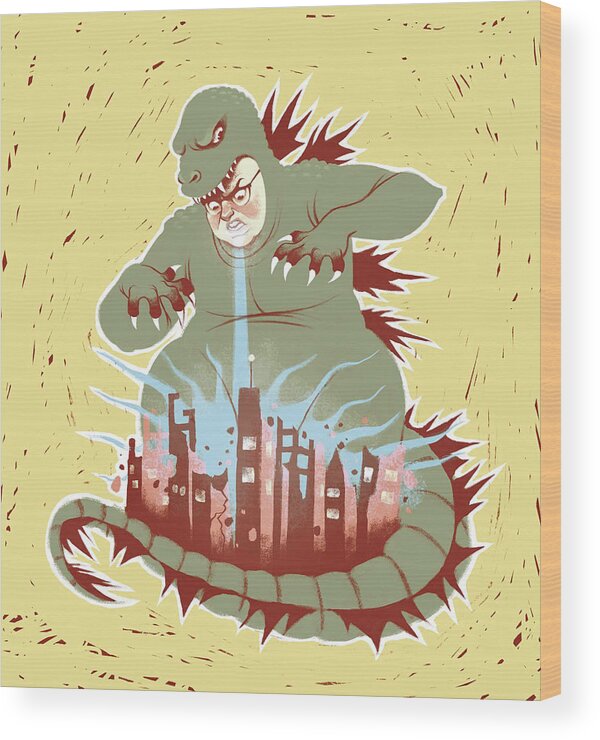 One Person Wood Print featuring the drawing Man with dragon costume destroying city by Stephanie Pena