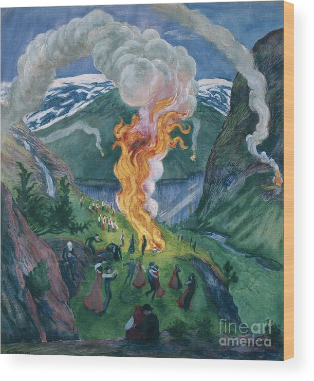 Nikolai Astrup Wood Print featuring the painting Midsummer fire by O Vaering