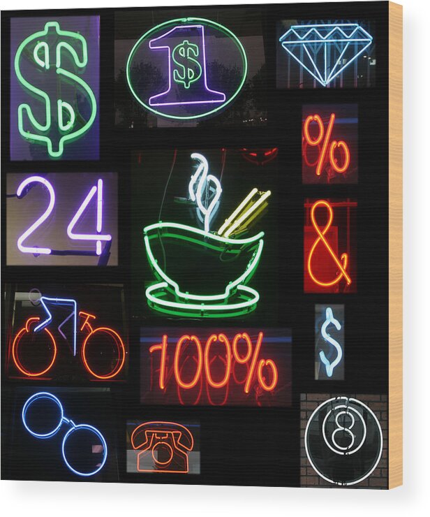 10th Framed Prints Wood Print featuring the photograph Neon Sign series of various symbols by Mike Ledray