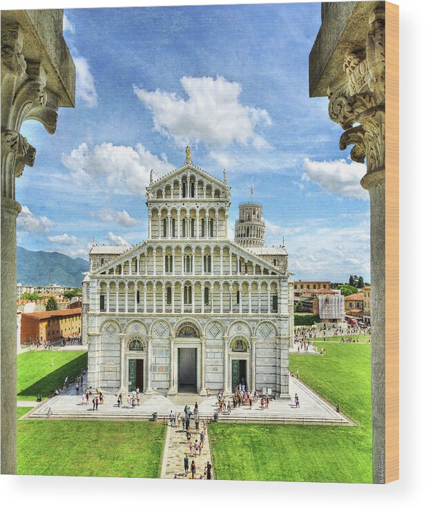 Pisa Wood Print featuring the photograph Pisa - leaning tower behind duomo - vintage version by Weston Westmoreland