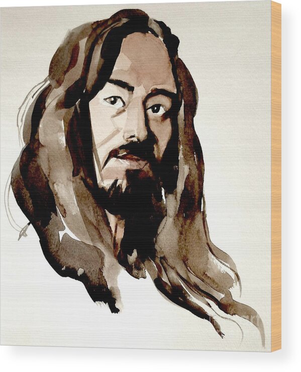 Portrait Wood Print featuring the painting Watercolor Portrait of a Man with Long Hair by Greta Corens