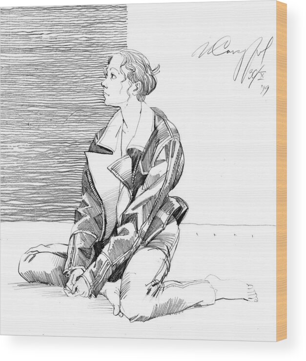 Igor Sakurov Wood Print featuring the drawing Sitting Girl in the Leather Jacket by Igor Sakurov