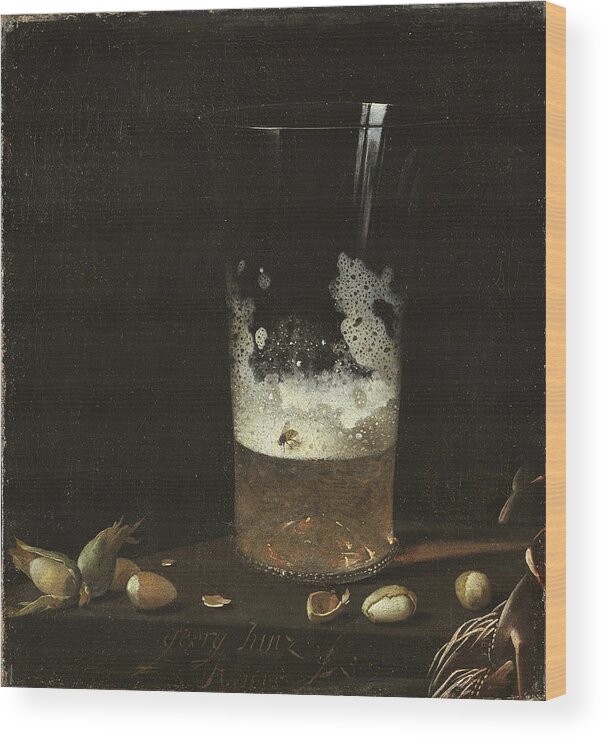 Johann Georg Hainz Wood Print featuring the painting Still Life with a Glass of Beer and Nuts by Johann Georg Hainz