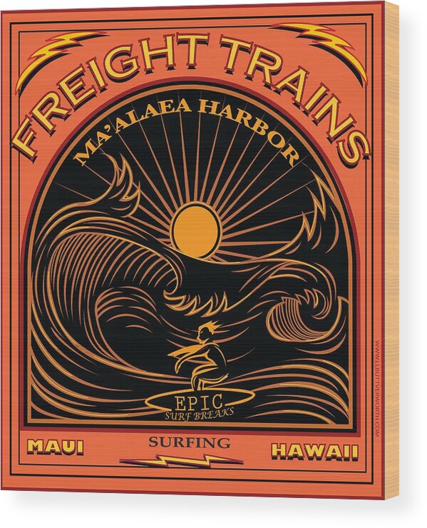 Surfing Wood Print featuring the digital art Surfer Freight Trains Maui Hawaii by Larry Butterworth