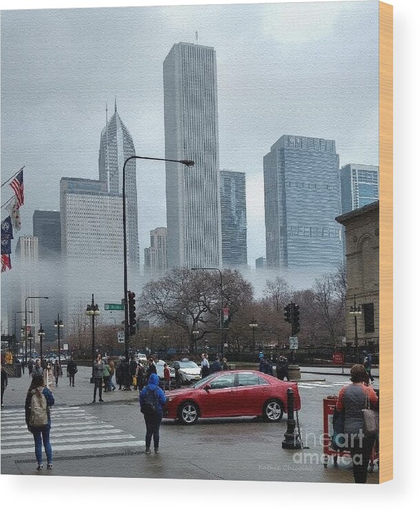 Cityscape Wood Print featuring the photograph The Fog Lifts on Michigan Avenue by Kathie Chicoine