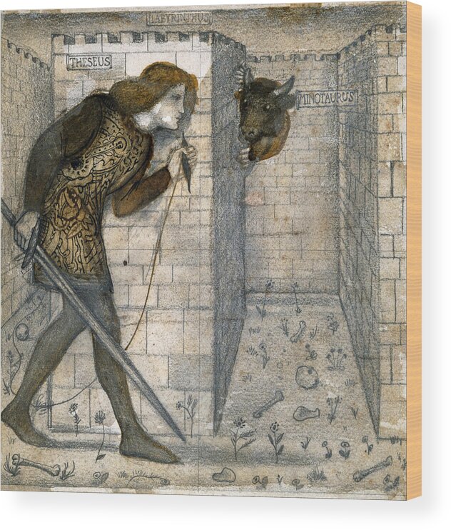 Edward Burne-jones Wood Print featuring the drawing Theseus and the Minotaur in the Labyrinth by Edward Burne-Jones