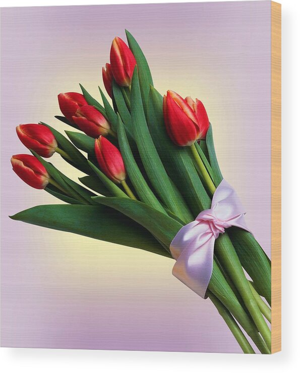 Tulip Wood Print featuring the mixed media Tulip Bouquet with Ribbon by Movie Poster Prints