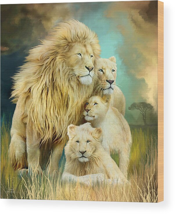 Carol Cavalaris Wood Print featuring the mixed media White Lion Family - Unity by Carol Cavalaris