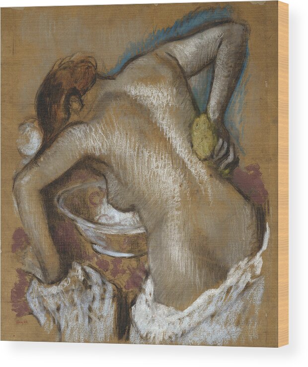 Woman Washing Her Back With A Sponge Wood Print featuring the pastel Woman Washing Her Back with a Sponge by Edgar Degas