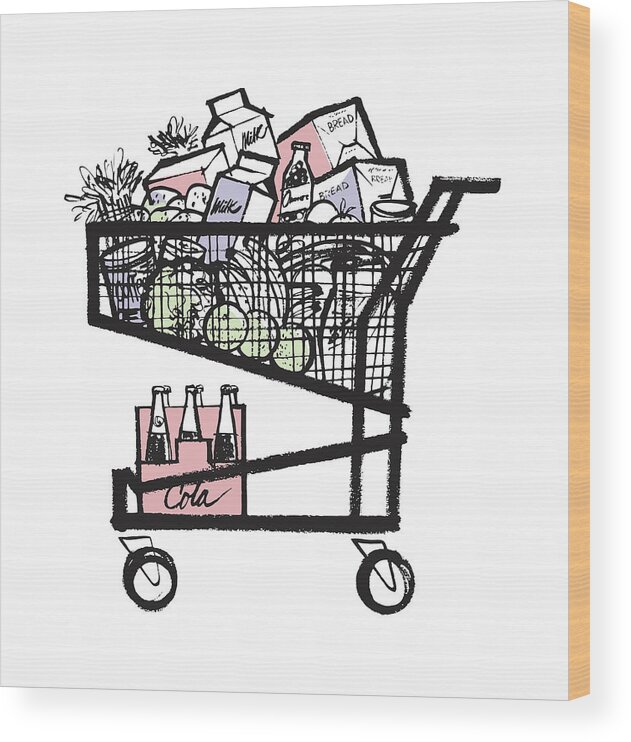 Brand Wood Print featuring the drawing Full Grocery Cart #1 by CSA Images