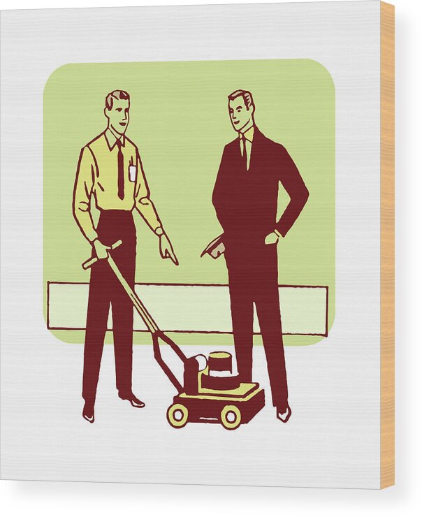 Adult Wood Print featuring the drawing Two Men Looking at a Lawnmower #1 by CSA Images
