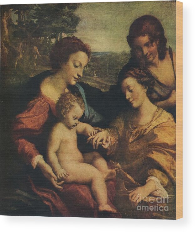 Oil Painting Wood Print featuring the drawing The Mystic Marriage Of St Catherine by Print Collector