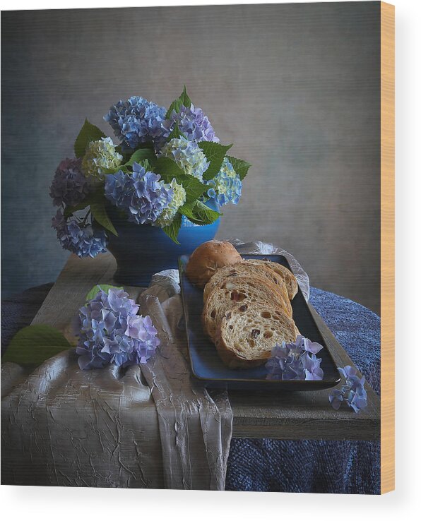  Wood Print featuring the photograph Bread And Hydrangea by Fangping Zhou