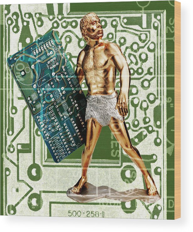 Adult Wood Print featuring the drawing Caveman Holding Circuit Board by CSA Images