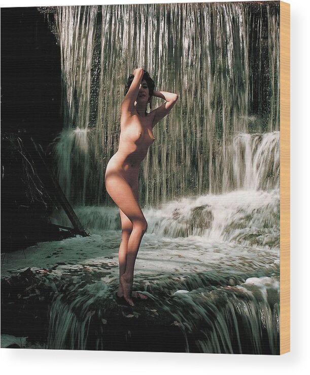 Hands Behind Head Wood Print featuring the photograph Nude Model With A Waterfall by Harold Lloyd