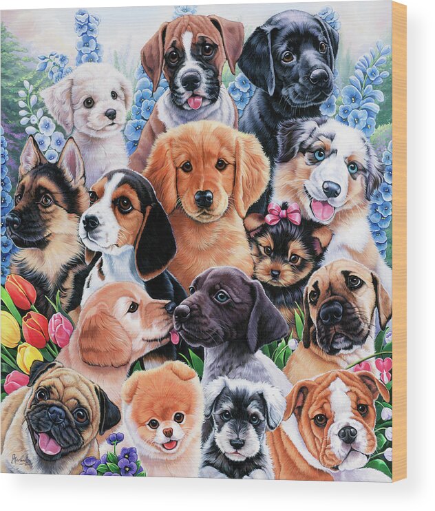 Animals Wood Print featuring the painting Puppy Collage by Jenny Newland