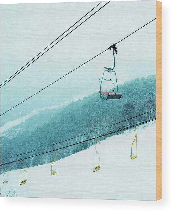 Skiing Wood Print featuring the photograph Ski Lifts On Snowy Mountain by Silvia Otte