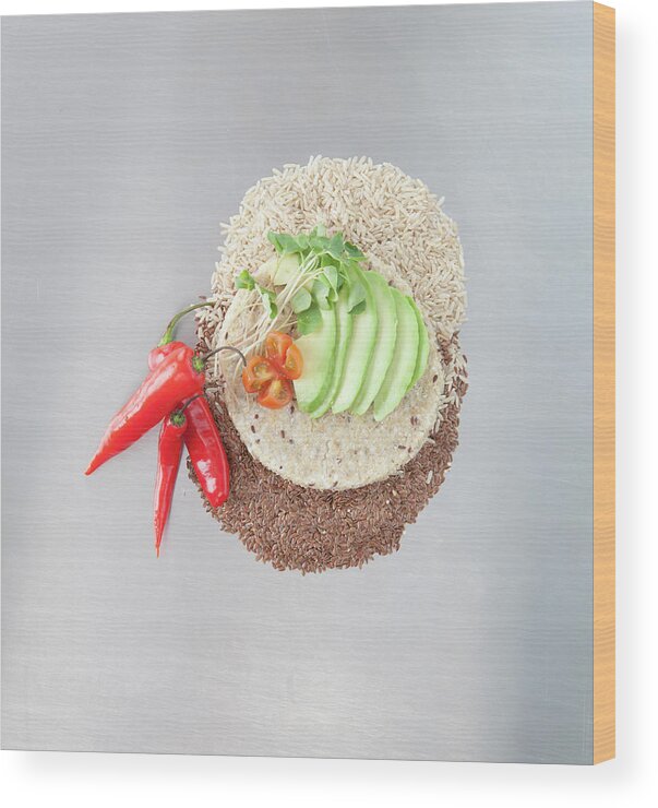 Flax Seed Wood Print featuring the photograph Sliced Avocado And Peppers With Grains by Laurie Castelli