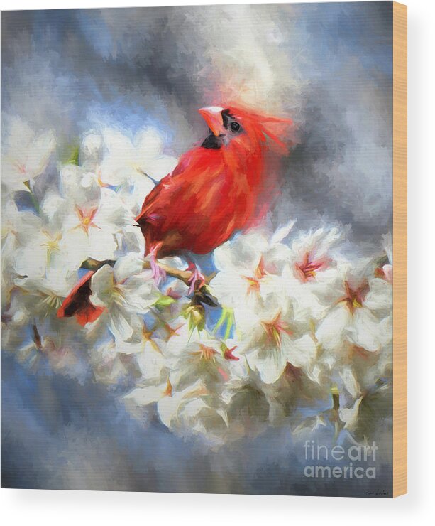 Cardinal Wood Print featuring the painting Spring Cardinal by Tina LeCour