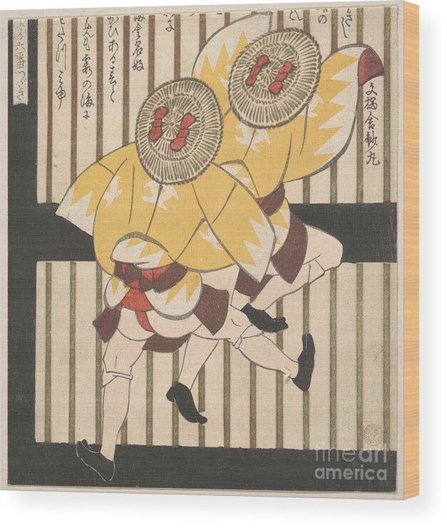 Two Men Wearing Yellow Coats And Straw Hats With Red Bows Wood Print featuring the digital art Two Men Wearing Yellow Coats and Straw Hats with Red Bows by Flavia Westerwelle