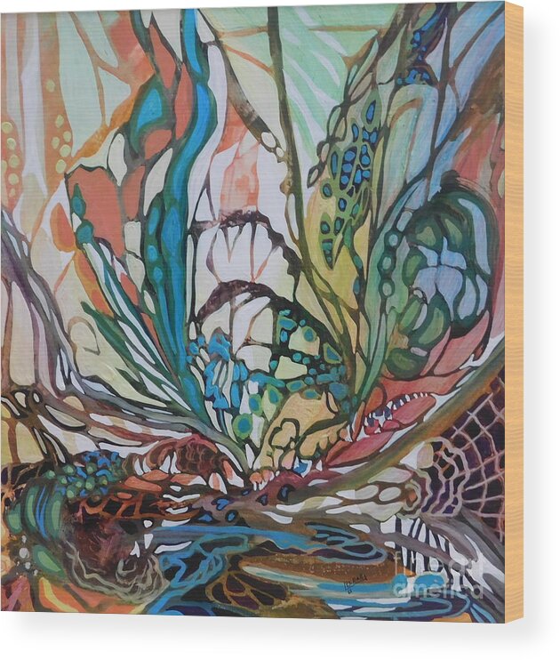 A Rainbow Of Color Is Woven Through This Whimsical Painting Which Is Designed To Bring You To Your Happy Place If You Just Allow Your Imagination To Lead The Way. Wood Print featuring the painting Webs and Wings by Joan Clear