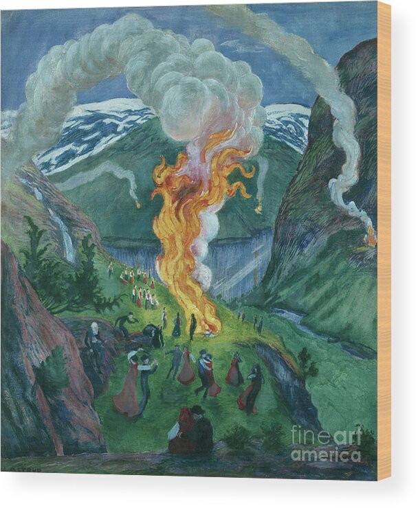 Nikolai Astrup Wood Print featuring the painting Midsummer fire #1 by O Vaering by Nikolai Astrup