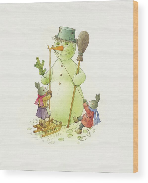 Christmas Christmascard Winter Snow Snowman Rabbits Holydays Wood Print featuring the drawing Snowman #2 by Kestutis Kasparavicius