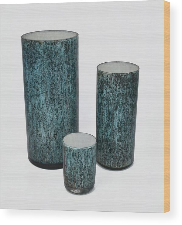 Glass Wood Print featuring the glass art Three Blue Cylinders #2 by Christopher Schranck