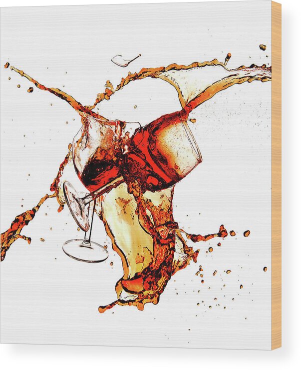 Damaged Wood Print featuring the photograph Broken wine glasses with wine splashes on a white background by Michalakis Ppalis