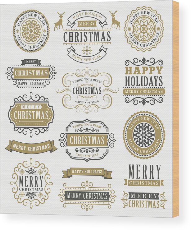 Holiday Wood Print featuring the drawing Christmas Vintage Badges #3 by Artvea