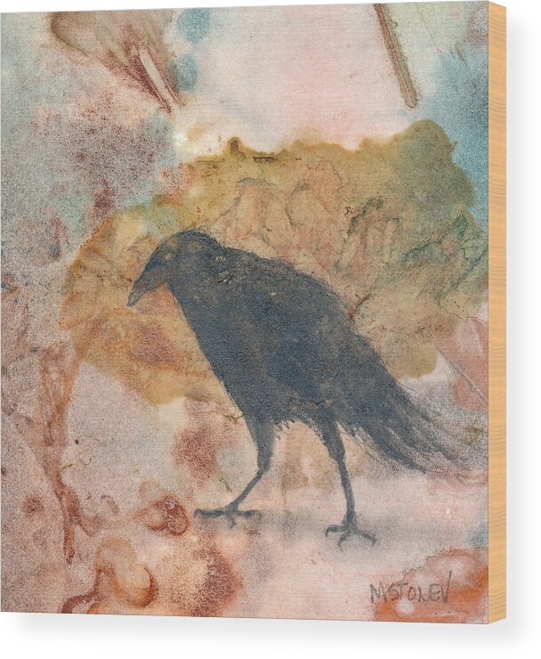 Crow Wood Print featuring the painting Autumn Crow by Marie Stone