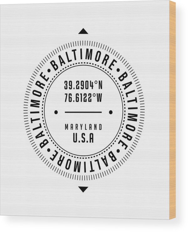 Baltimore Wood Print featuring the digital art Baltimore, Maryland, USA - 1 - City Coordinates Typography Print - Classic, Minimal by Studio Grafiikka