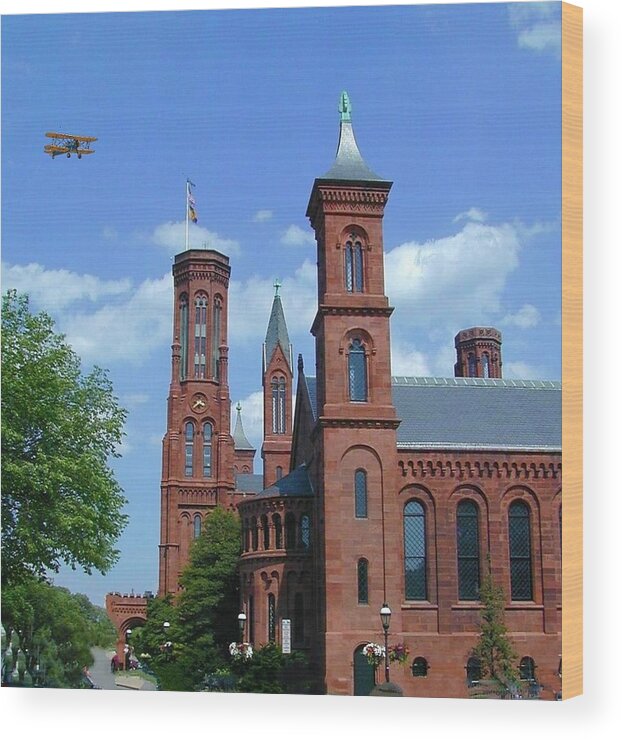 Kentucky Wood Print featuring the photograph Biplane Fly Over the Smithsonian Castle, Washington DC by Douglas Barnett