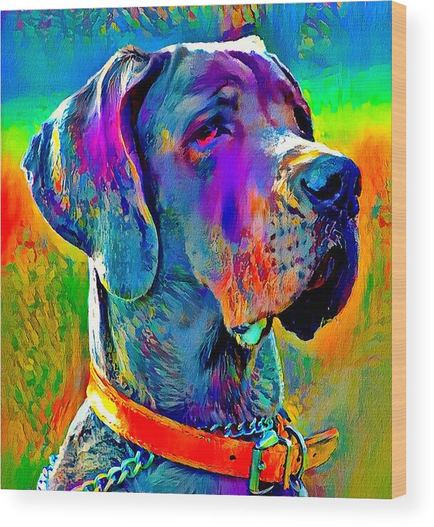 Great Dane Wood Print featuring the digital art Colorful Great Dane portrait - digital painting by Nicko Prints