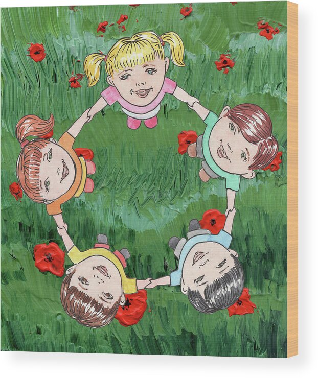 Poppy Wood Print featuring the painting Dancing Children On Red Poppy Field by Irina Sztukowski