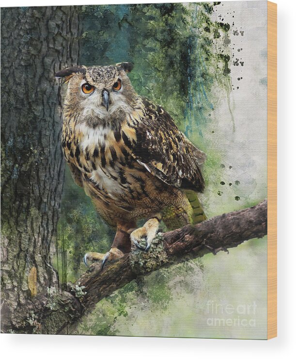 Great Horned Owl Wood Print featuring the mixed media Forest Owl by Kathy Kelly