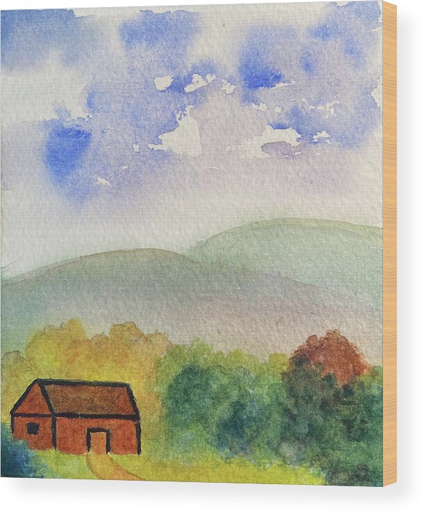 Berkshires Wood Print featuring the painting Home Tucked Into Hill by Anne Katzeff