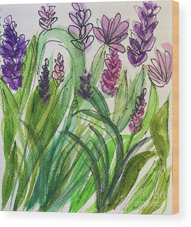 Purple Wood Print featuring the mixed media Ink and Wash Flowers by Lisa Neuman