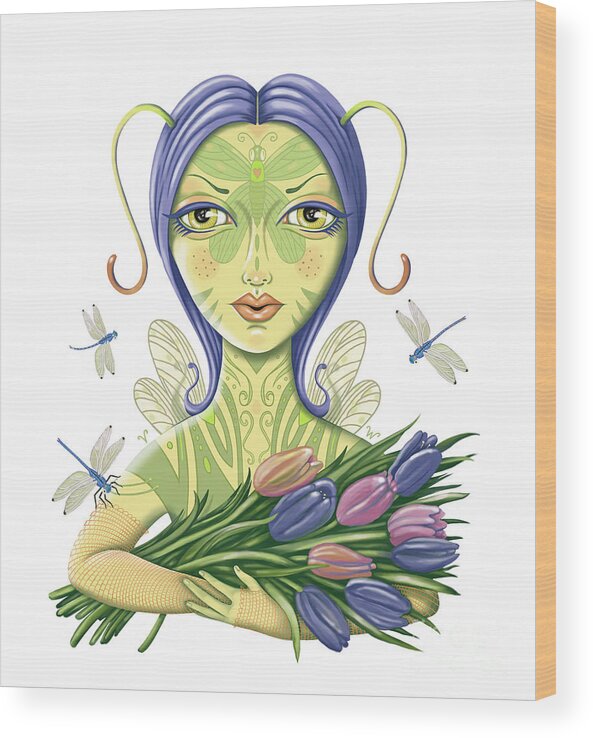 Fantasy Wood Print featuring the digital art Insect Girl, Antennette with Tulips by Valerie White