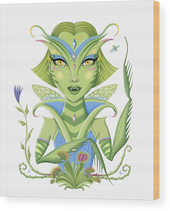Fantasy Wood Print featuring the digital art Insect Girl, MantisAnne with Venus Fly Traps by Valerie White
