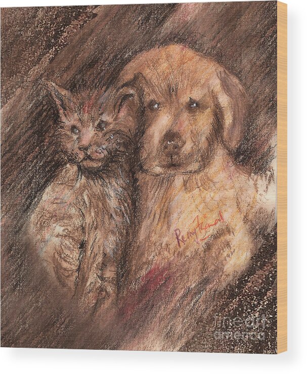 Watercolor Pencil On Paper Wood Print featuring the painting Kitten and Golden retriever pup pals by Remy Francis
