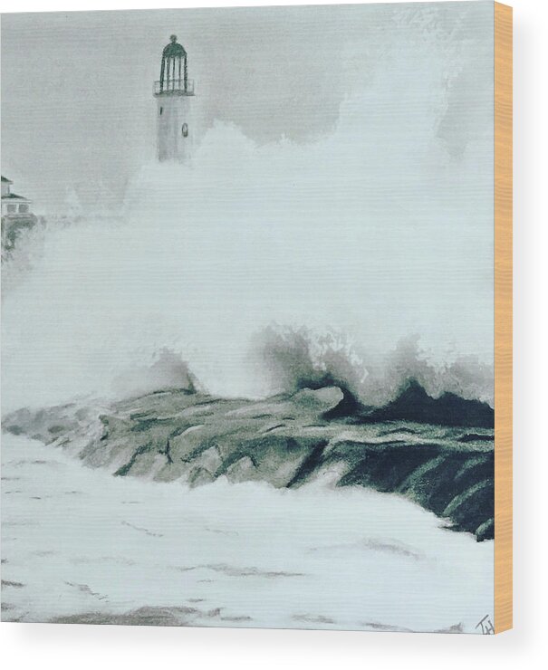 Ocean Wood Print featuring the drawing Lighthouse Surf and Spray by Tracy Hutchinson