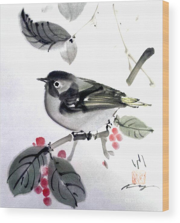 Japanese Wood Print featuring the painting Little Bird Visiting Your Yard by Fumiyo Yoshikawa