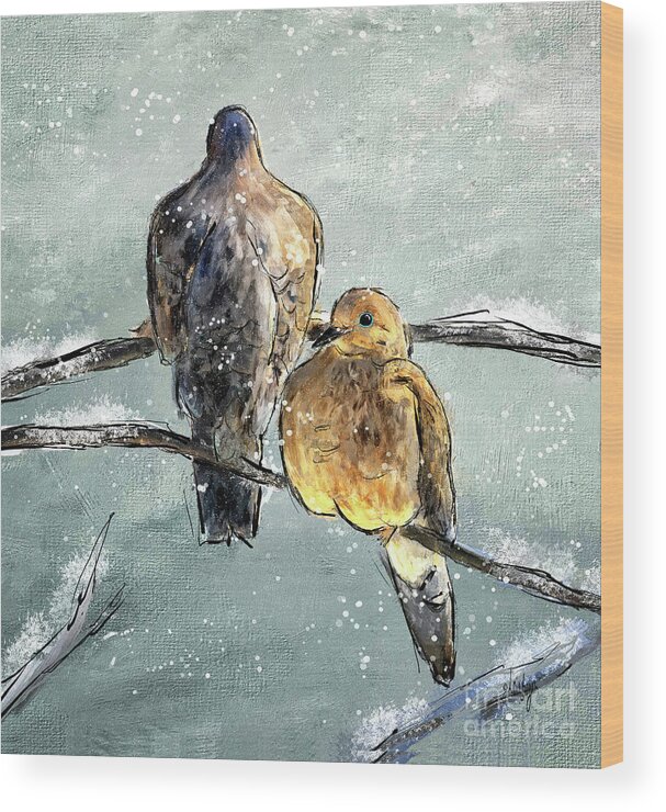 Bird Wood Print featuring the digital art Mourning Doves In A Morning Flurry by Lois Bryan
