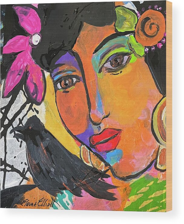 Mexican Woman Wood Print featuring the painting Mujer con Pajaro by Elaine Elliott