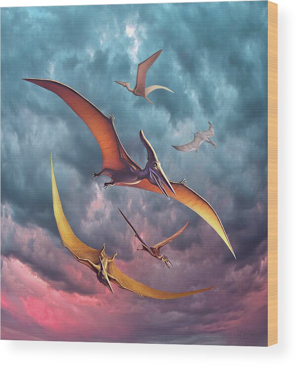 Pterosaur Wood Print featuring the digital art Pterosaur Squadron by Jerry LoFaro